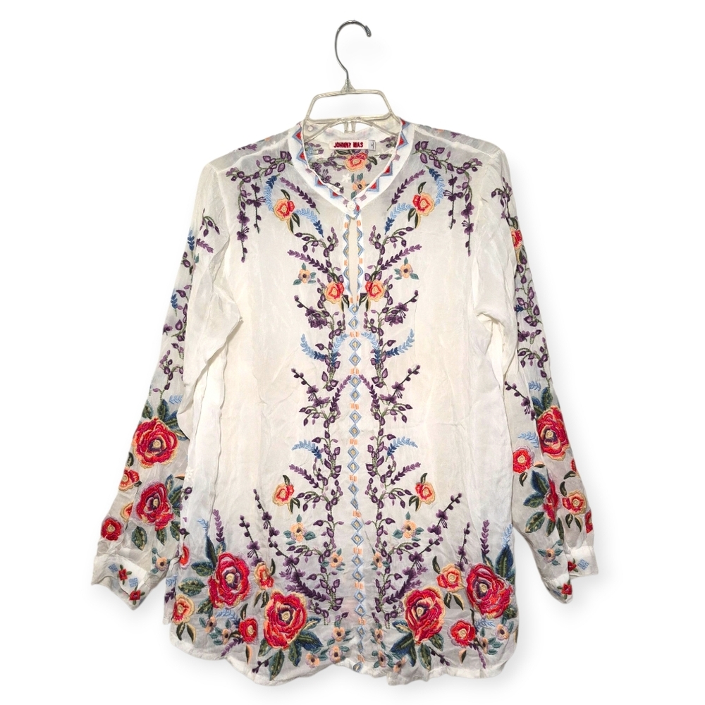 JOHNNY WAS Yasamine Embroidered Floral Tunic Top White Multi Medium - Picture 2 of 9